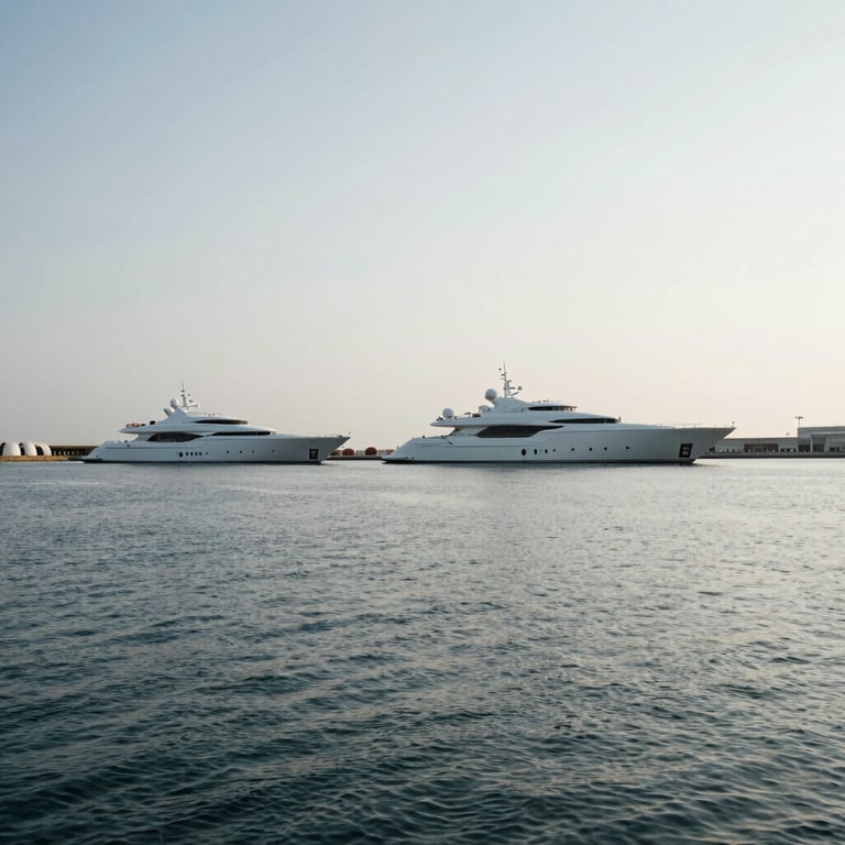 Cinematic wide-angle of an architectural marina at overcast daylight, a custom superyacht moored in the distance, generous negative space.