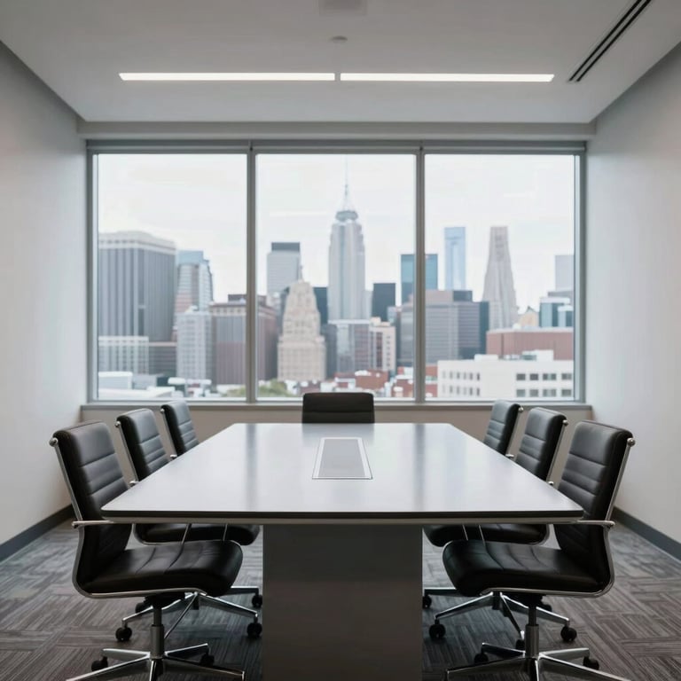 A bright and airy meeting room with a large window and a view of a US skyline, featuring a sleek silver conference table.