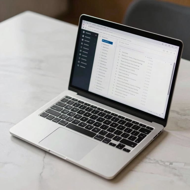 A close-up of a high-end laptop showing a clean business formation dashboard, resting on an off-white marble desk.