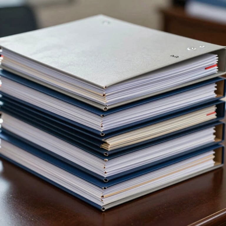 A neatly organized stack of legal and business compliance folders in shades of silver and dark blue on a desk.