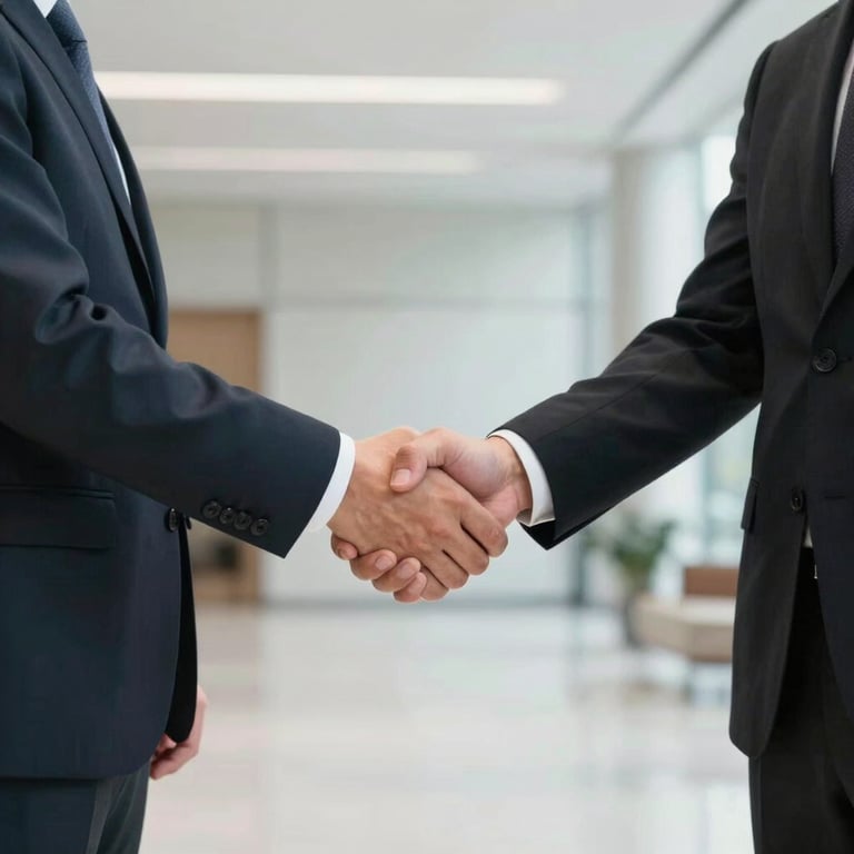 A professional handshake between two businesspeople in formal attire, set in a clean, brightly lit corporate lobby in the US.