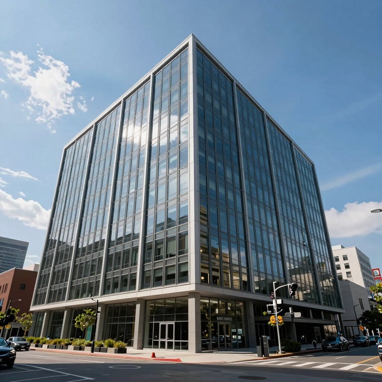 A wide shot of a glass-fronted modern office building in a North American city under a bright blue sky.