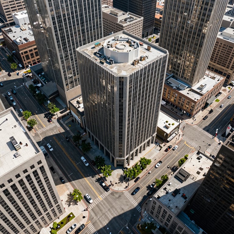 An aerial view of a bustling North American business district with clean streets and modern architecture.