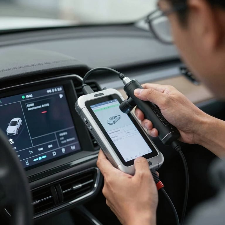 A technician's hands using a professional diagnostic scanner connected to a car's dashboard, North American setting, modern digital interface visible.