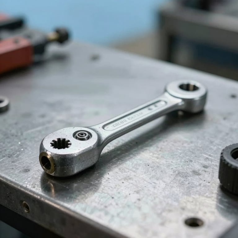 Close-up of a high-end torque wrench resting on a clean steel work surface in a North American garage, soft sky blue lighting.
