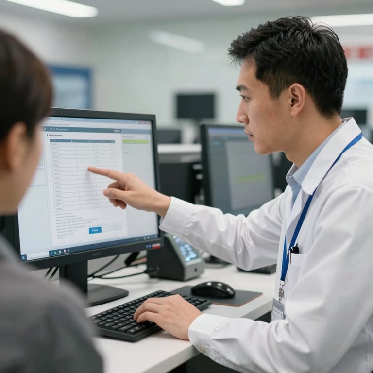 A professional service advisor in a white shirt pointing at a diagnostic report on a computer screen for a customer in a North American shop.