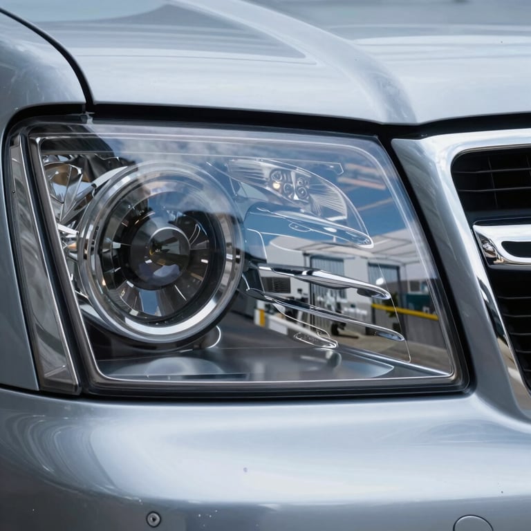 Extreme close-up of a polished car headlight and chrome grill, reflecting a clean ice blue and white garage environment.