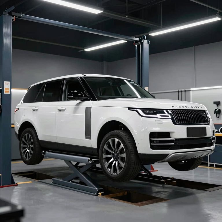 A white luxury SUV elevated on a hydraulic lift in a modern, professional repair facility, dark navy shadows and bright overhead lights.