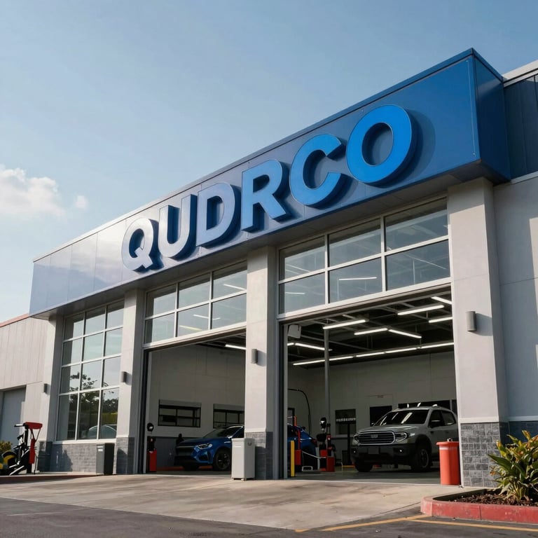 Low-angle exterior shot of a modern auto repair building with glass facades and steel blue signage, under a clear North American sky.