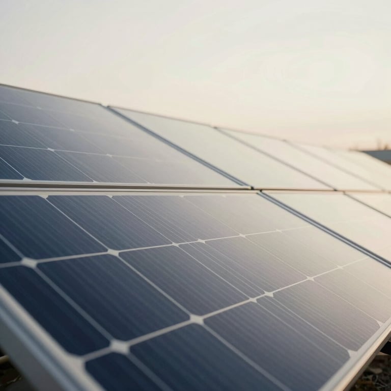 Close-up of a high-efficiency solar panel array reflecting a clean off-white sky.