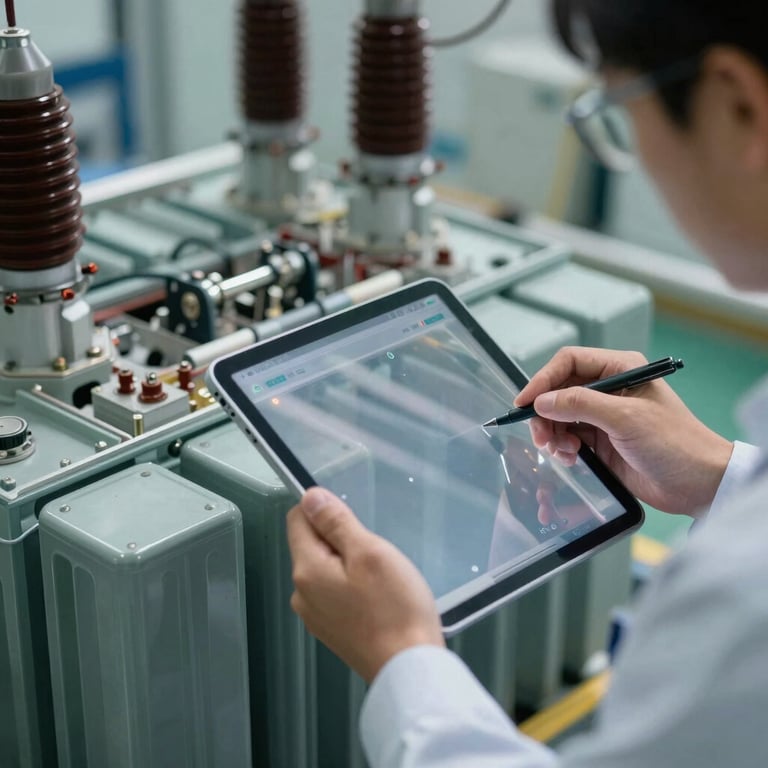 An electrical engineer using a transparent tablet to inspect a power transformer, focus on the device.