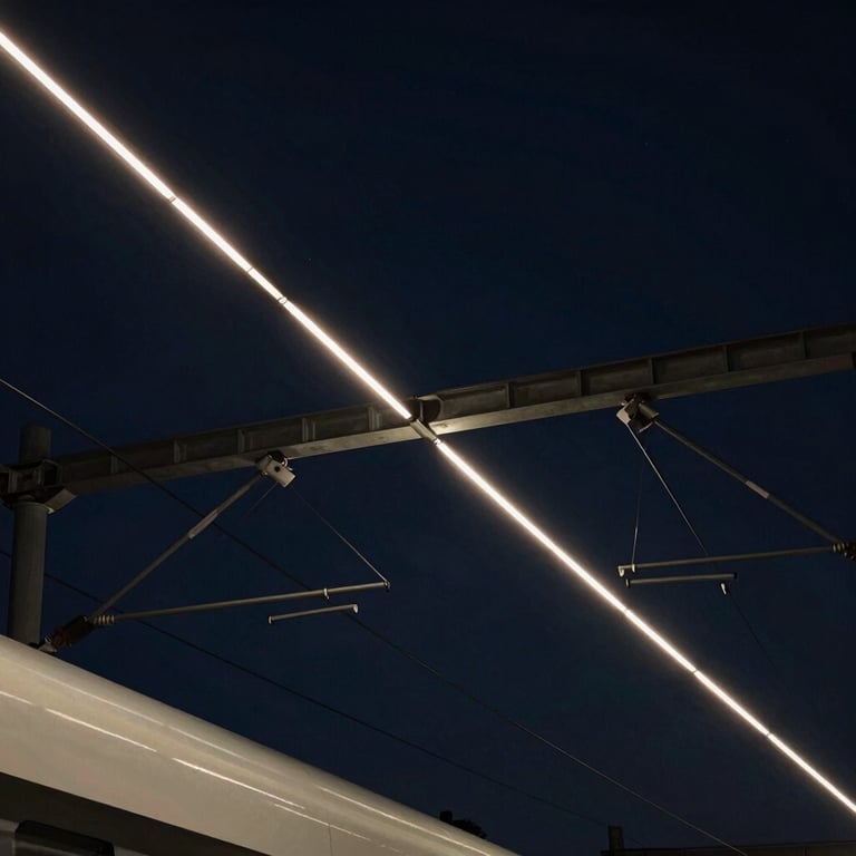 High-speed rail electrical lines glowing under a dark navy night sky, cinematic lighting.