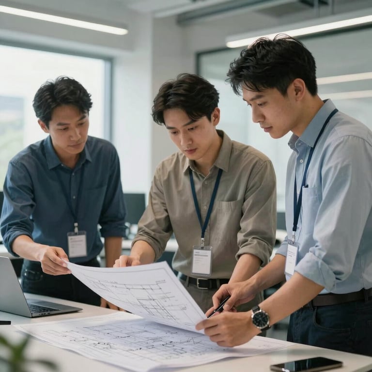 A collaborative team of engineers in professional attire reviewing blueprints in a bright modern office.