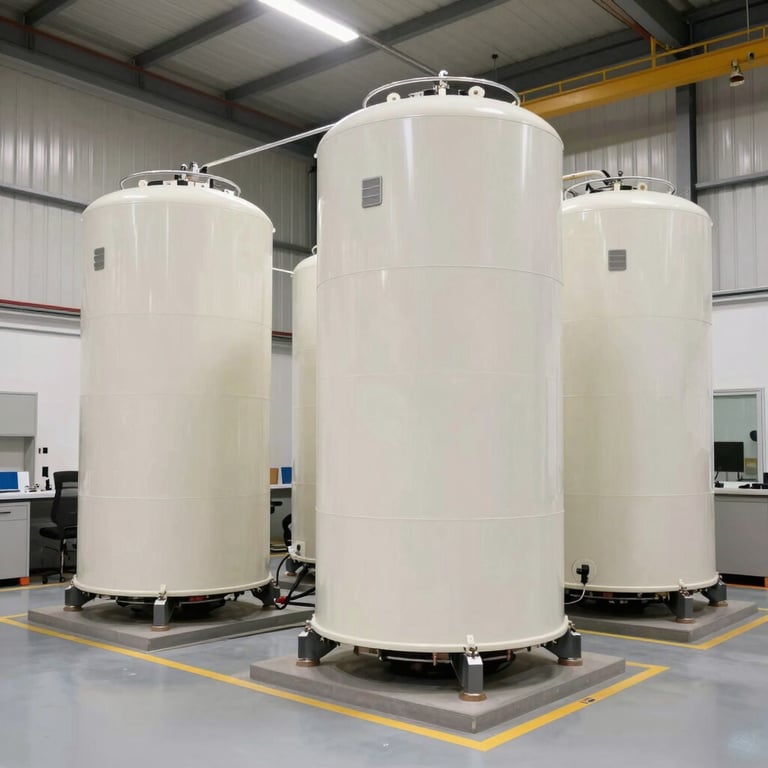 Industrial energy storage systems in a clean off-white facility, modern lighting, Spanish / Global setting.