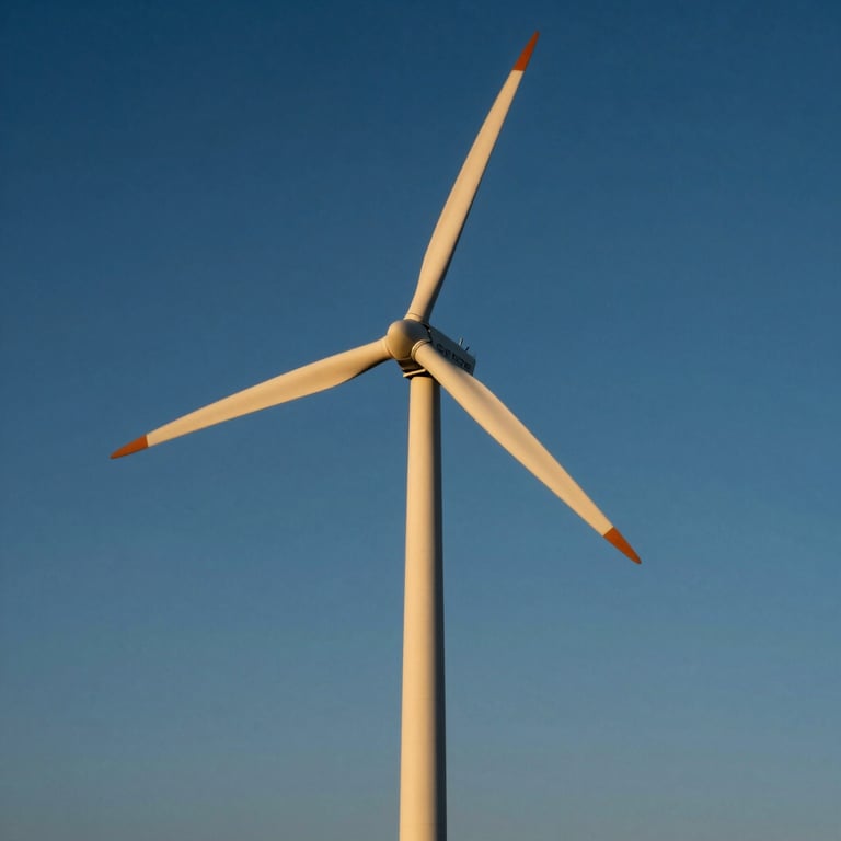 Sleek modern wind turbines spinning against a deep blue sky during golden hour, professional photography.