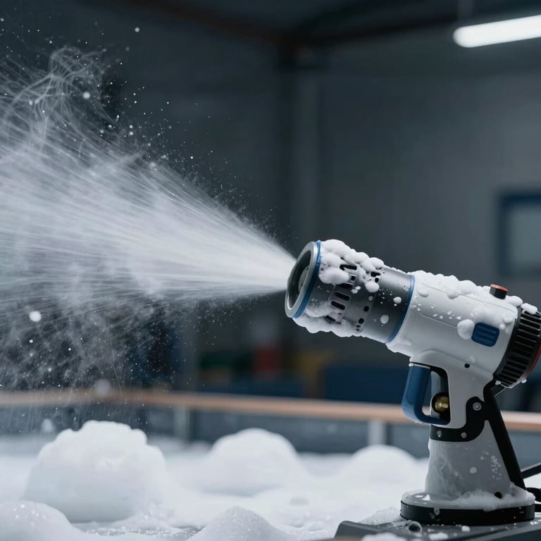 Foam Cannon test in a controlled environment, white foam, dark #1A2A3A contrast.