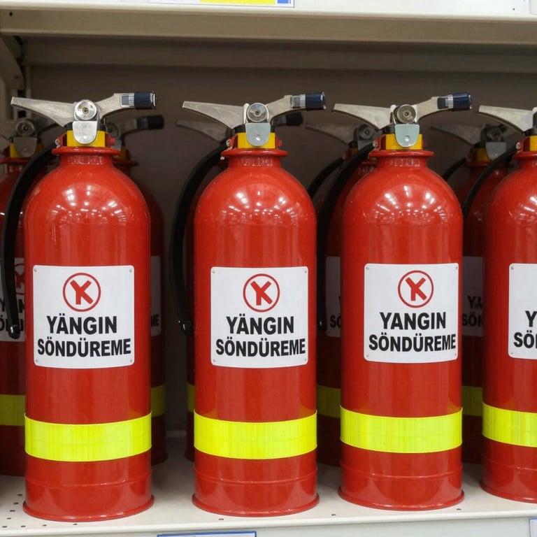 Multiple Köpüklü Yangın Söndürme Topu units arranged on a shelf, safety first vibe.