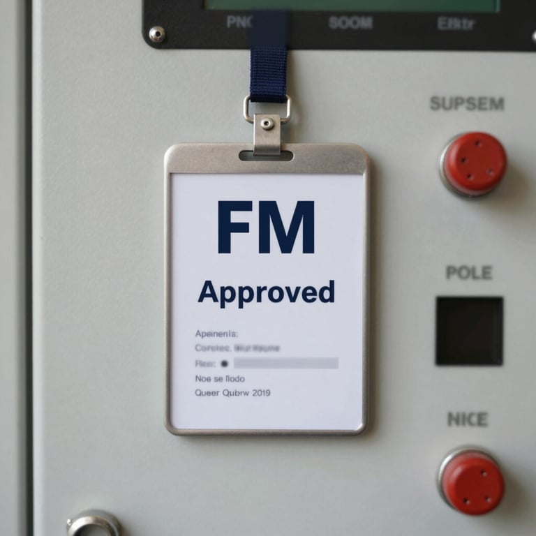 FM approved certification badge next to a foam system control panel.