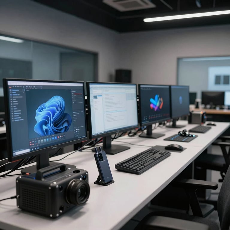The interior of a cutting-edge North American tech studio, showing a row of high-performance monitors and mobile testing equipment. The environment is organized and professional, with a color palette of charcoal and silver.