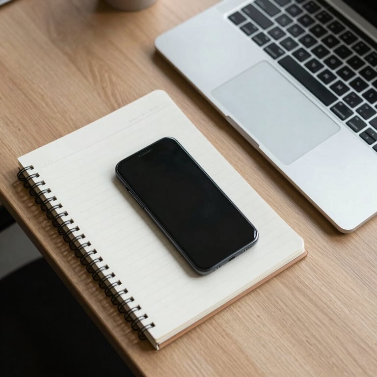 A top-down photographic view of a creative professional's desk in a US-based firm, featuring a sketchbook, a smartphone, and a silver laptop arranged neatly. The style is minimalist and high-performance.