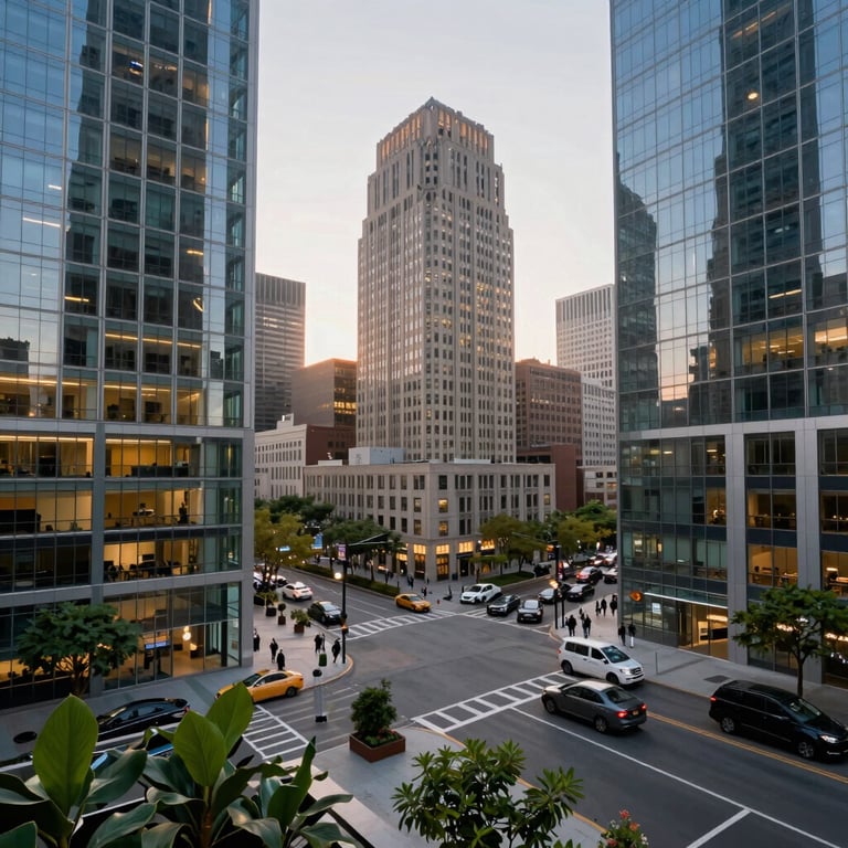 An urban office view in a major US city at dawn, showing the intersection of technology and nature with indoor plants and a clean glass facade. The scene represents stability and forward-thinking growth.