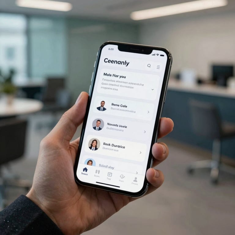 A high-detail close-up of a modern mobile device featuring a sleek interface, held by a person in professional attire. The setting is a clean, contemporary US corporate lounge with muted teal and dark slate accents.