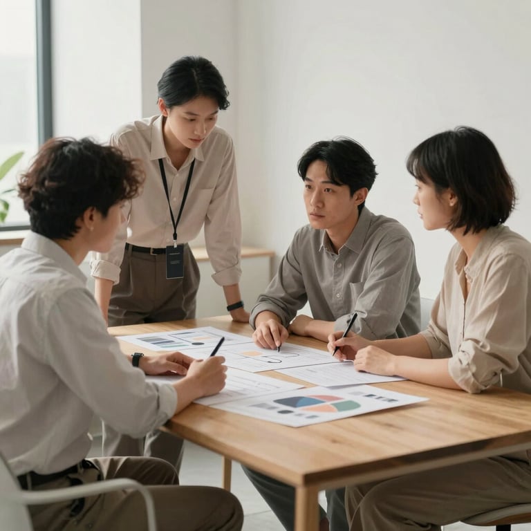 A professional collaboration scene in a bright North American office, where a group of designers discusses a project around a minimalist wooden table. The lighting is soft and natural, highlighting a sophisticated atmosphere. Soft pearl tones dominate.