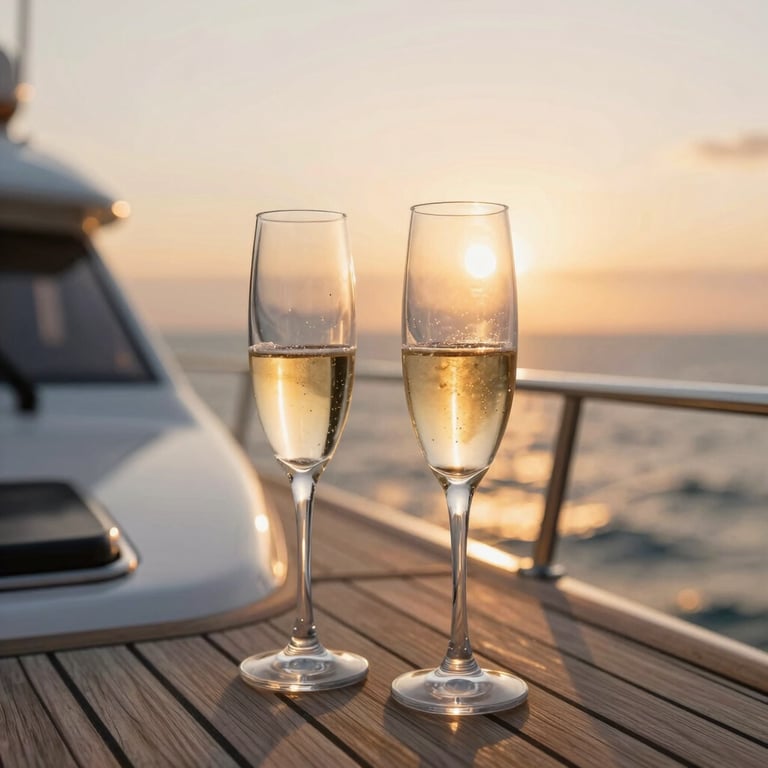 Close-up of champagne glasses on a private yacht deck at sunset, warm golden light, soft focus background of the ocean.