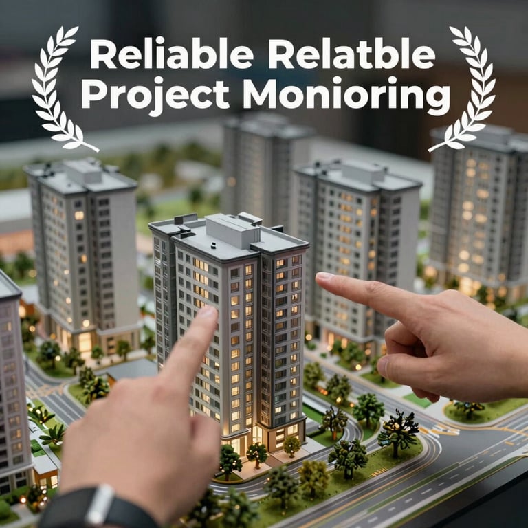 Close up of hands pointing at a 3D model of a residential complex, representing reliable project monitoring and planning.