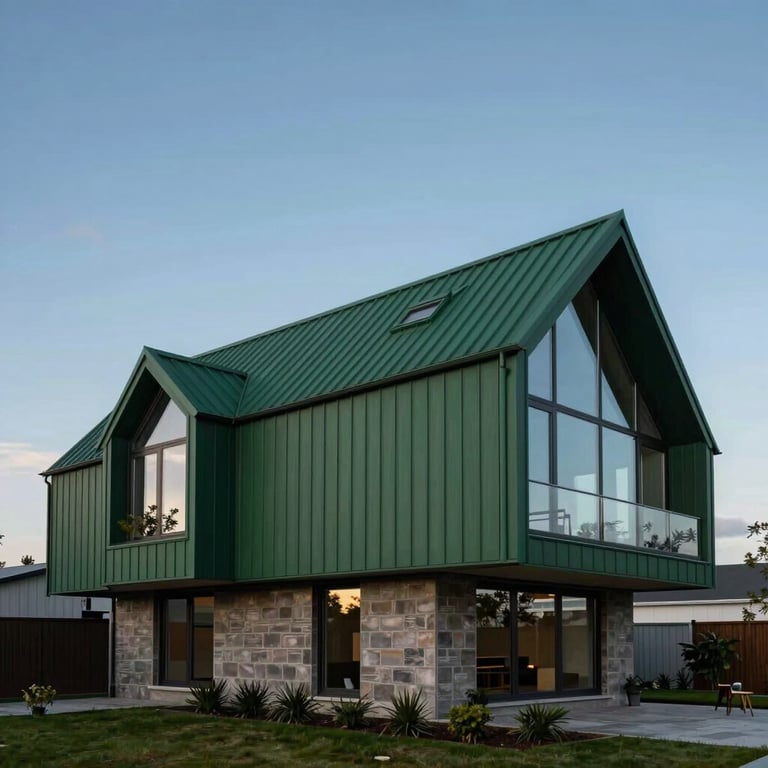 A finished contemporary house with dark emerald green roofing and large glass windows under a clear blue sky.