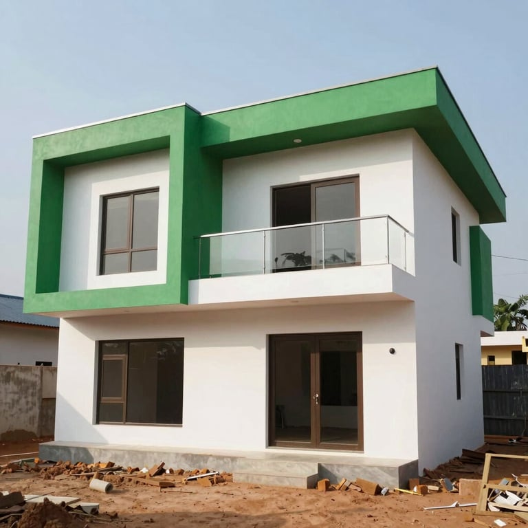 A modern two-story villa under construction in Conakry, featuring forest green architectural accents and bright white walls.