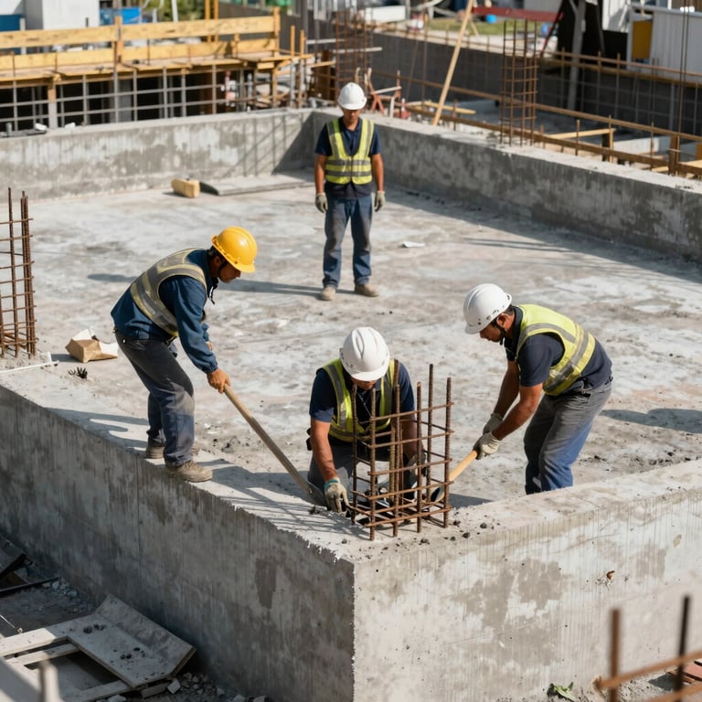 A team of construction workers in professional uniforms working on a reinforced concrete foundation, daytime sunlight.