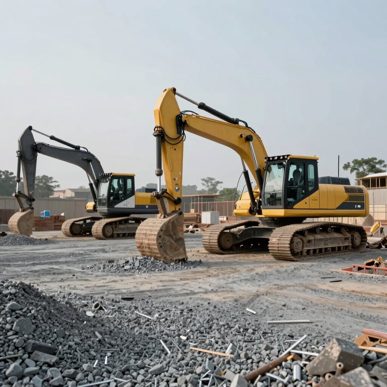 Wide shot of a clean and organized construction site in Guinea with modern heavy machinery and soft light gray gravel.