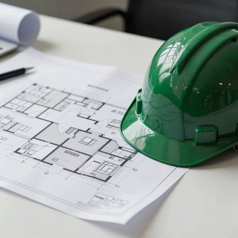 Detailed architectural blueprints lying on a clean white table next to a forest green hard hat, professional office lighting.