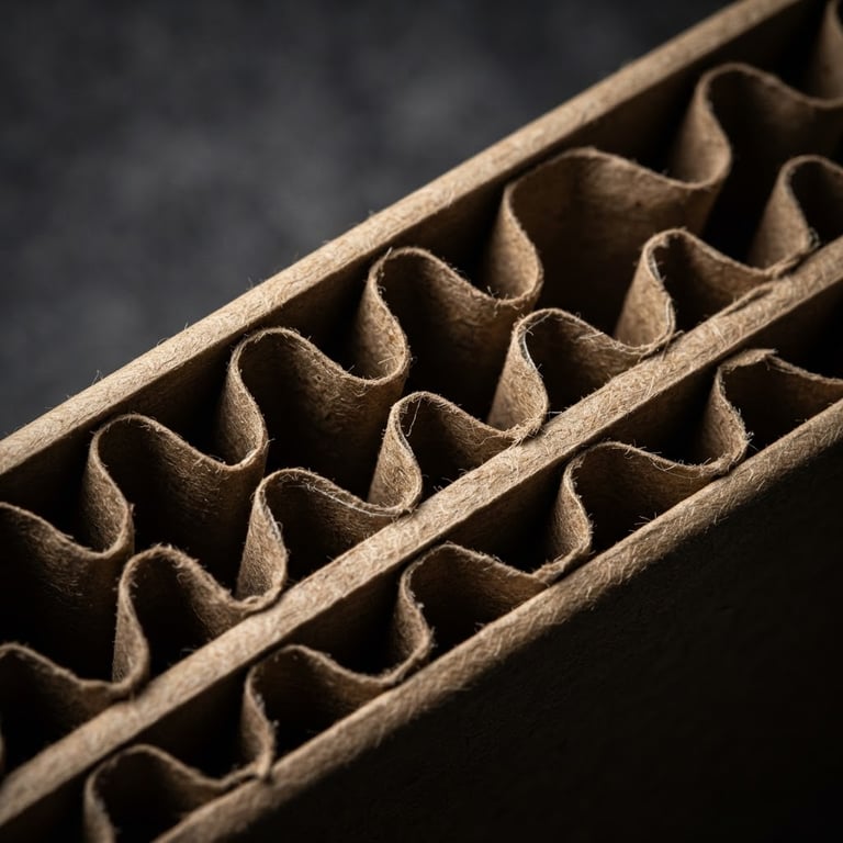 Macro shot of corrugated paper fluting, high-contrast studio lighting casting sharp shadows inside the structural folds, raw kraft paper texture, charcoal background