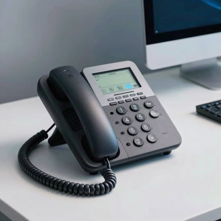 Detail shot of a modern telephone and computer setup on a clean white desk with soft blue lighting.