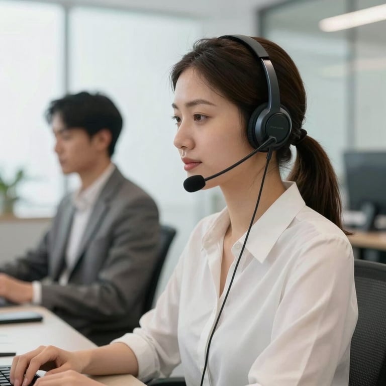 A professional customer service representative wearing a sleek headset in a bright Brazilian office.