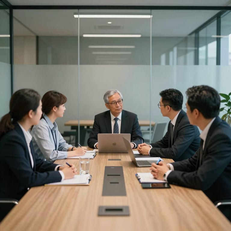 Group of professionals in a collaborative meeting in a glass-walled conference room.