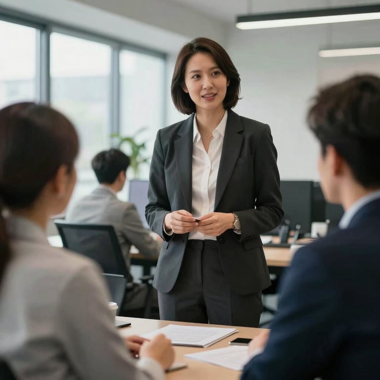 A confident team leader talking to colleagues in an airy, sophisticated workplace.