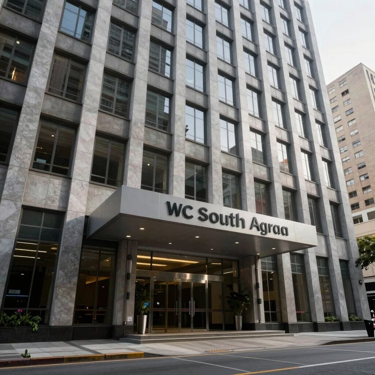 The entrance of a modern corporate building in a major South American city.