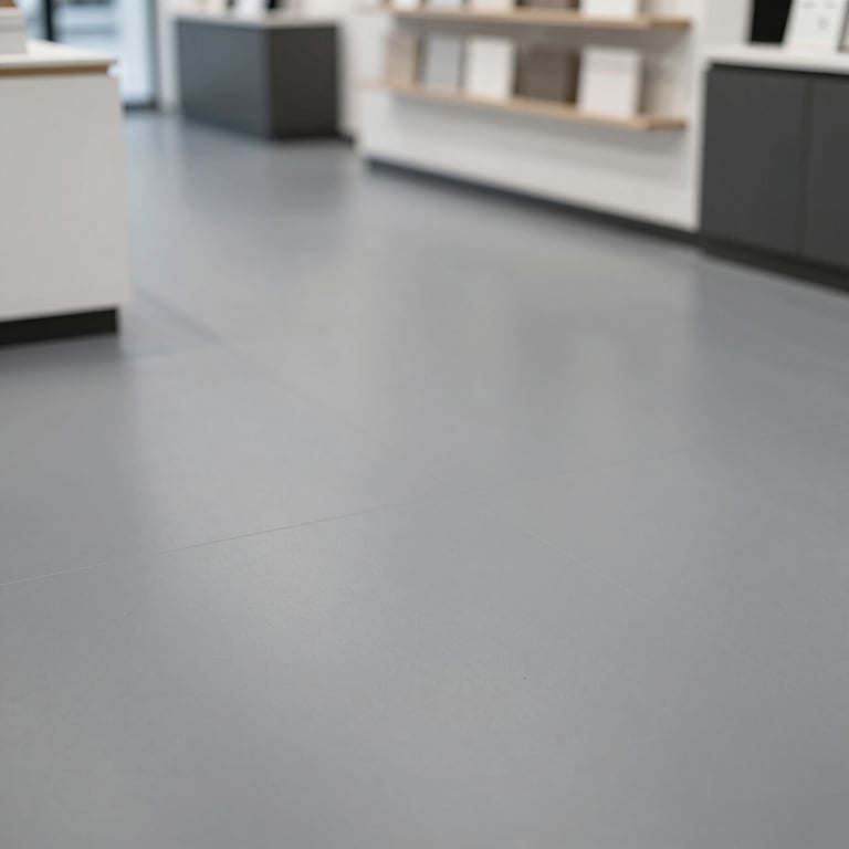 Commercial showroom featuring a solid matte grey epoxy floor, highlighting the durability and clean lines.