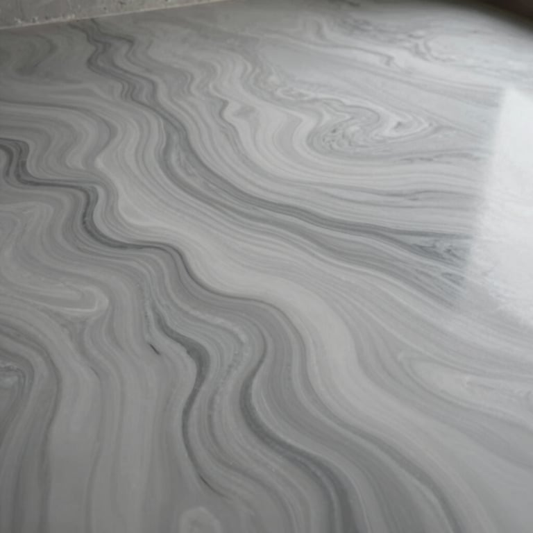 An artistic marble-effect epoxy swirl in shades of light and dark grey on a basement floor, showing bespoke craftsmanship.