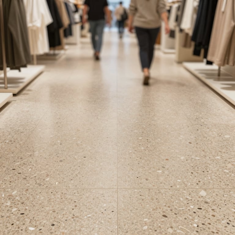 A high-traffic retail space with a textured quartz epoxy floor in earth tones, demonstrating strength and style.