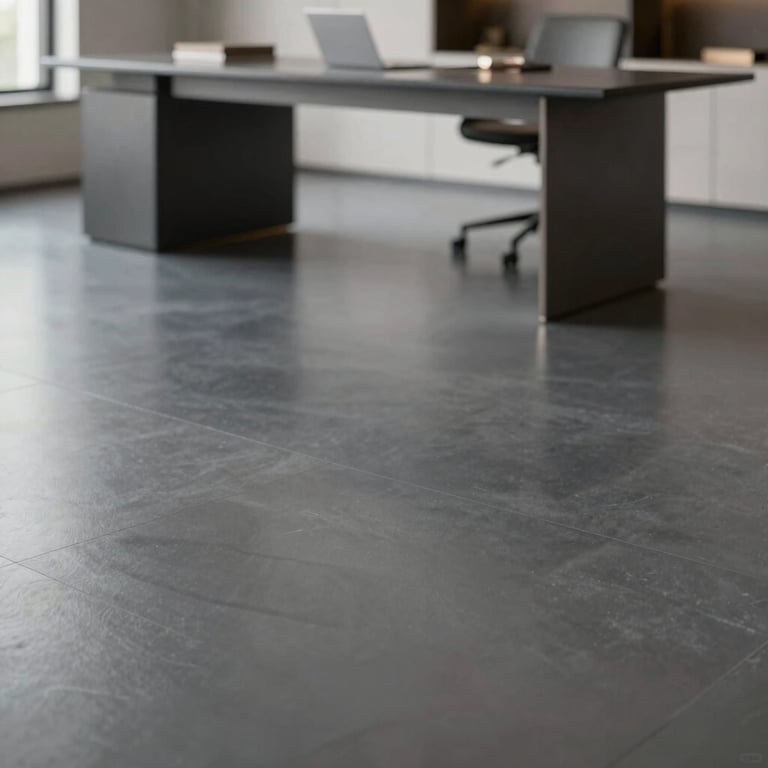 A metallic charcoal epoxy floor in a luxury home office, reflecting minimalist furniture, clean and sophisticated mood.
