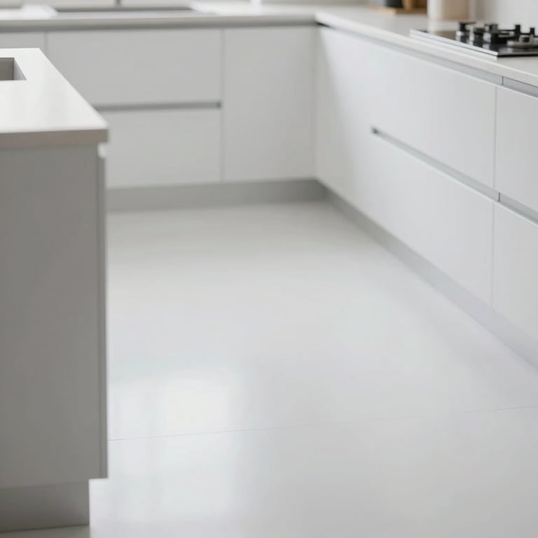 A kitchen with a high-gloss white epoxy floor, emphasizing a seamless and hygienic modern environment.