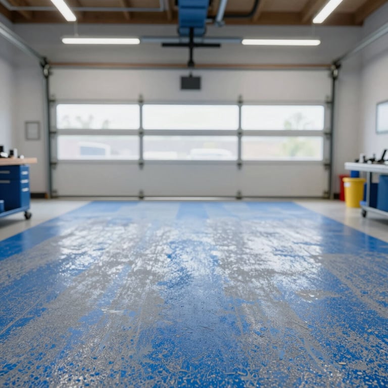 A bright garage with a blue and grey decorative flake epoxy finish, showing a tidy and professional workspace.