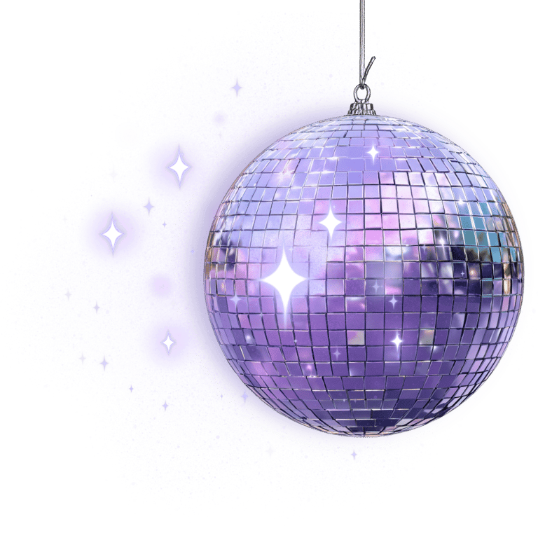 A sparkling purple disco ball reflecting light with glittering stars on a black background.