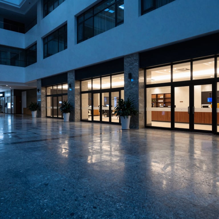 Interior shot of a large, sparkling clean commercial lobby with polished stone floors reflecting Dark Slate Blue lighting.