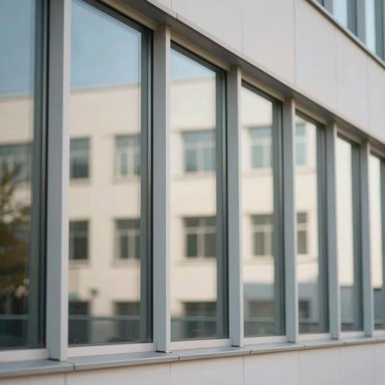 A row of clean, large office windows reflecting a Soft Off-white building opposite, emphasizing professional glass cleaning.