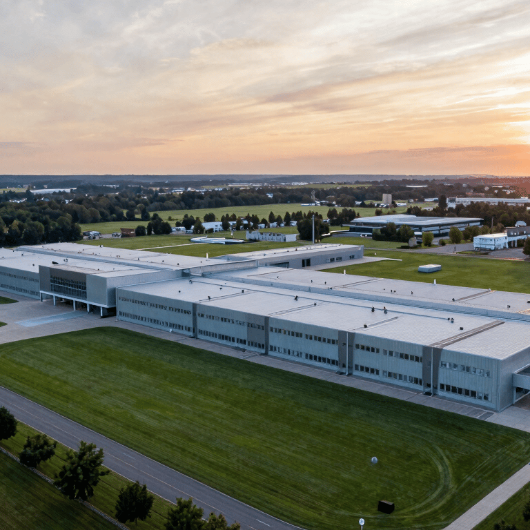A perfectly manicured green lawn and trimmed hedges surrounding a corporate headquarters in Germany, bright daylight, Pale Aqua sky.